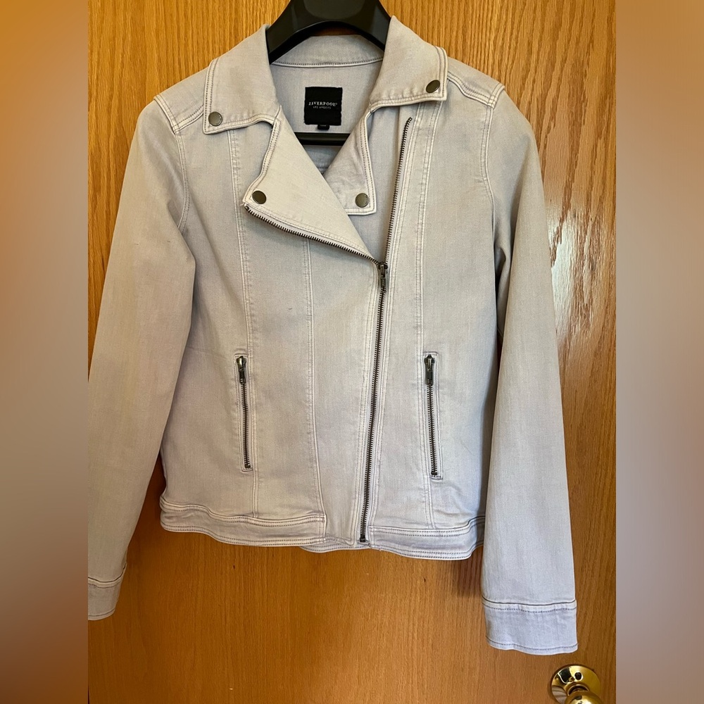 Liverpool women’s denim biker jacket, size M, grey